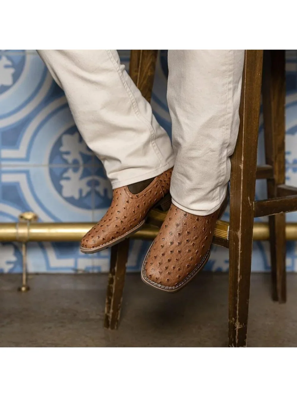 Men's Brown Faux Leather Slip on Square Toe with Classic Embroidered Boots